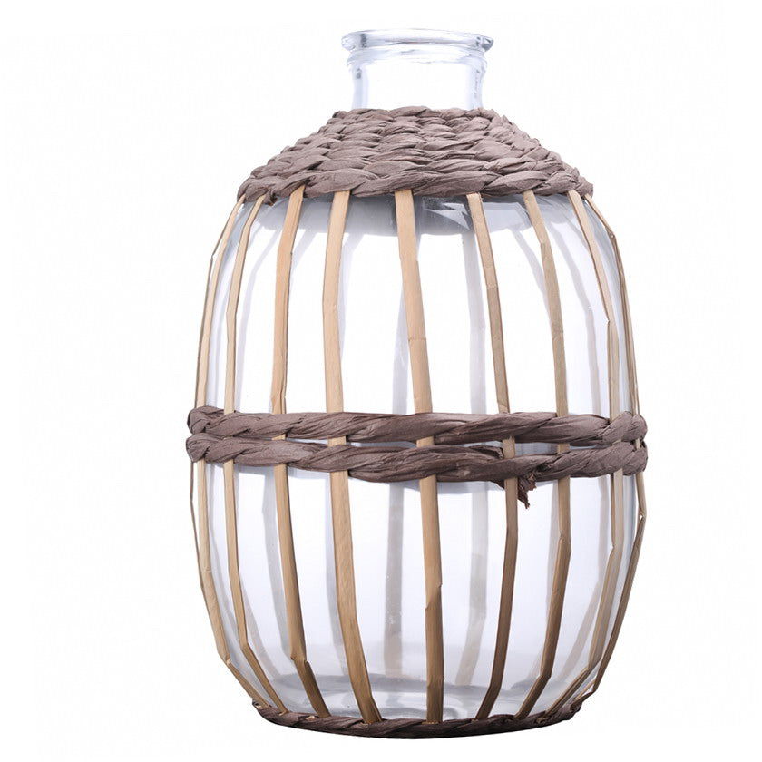 2024Wholesale customization Mouth Clear Glass With Rattan Weave Vase For Home Decor