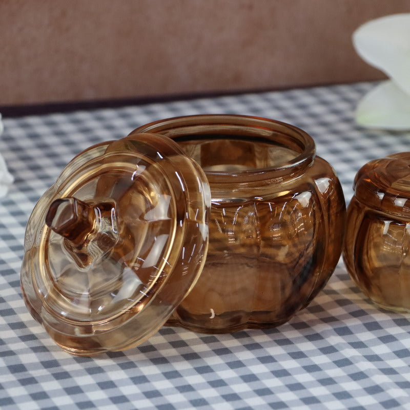 Wholesale Fancy Kitchen Glass Candy Canister Pumpkin Shape Clear Food Glass Storage jar With Lid